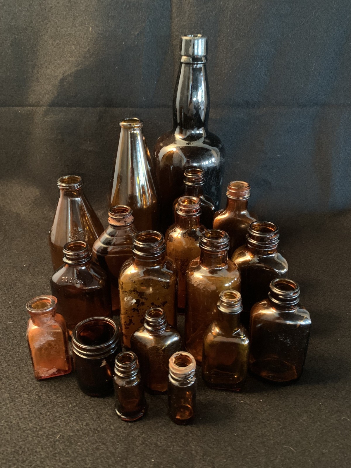 Massive VTG Brown Glass Bottle Lot of 18 – Mixed Apothecary Medicine Vials Decor