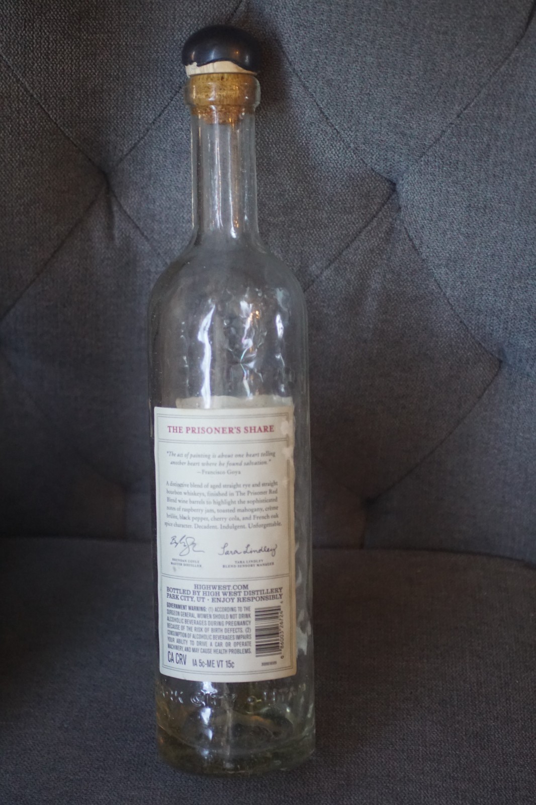 High West THE PRISONER’S SHARE RARE Empty Bottle