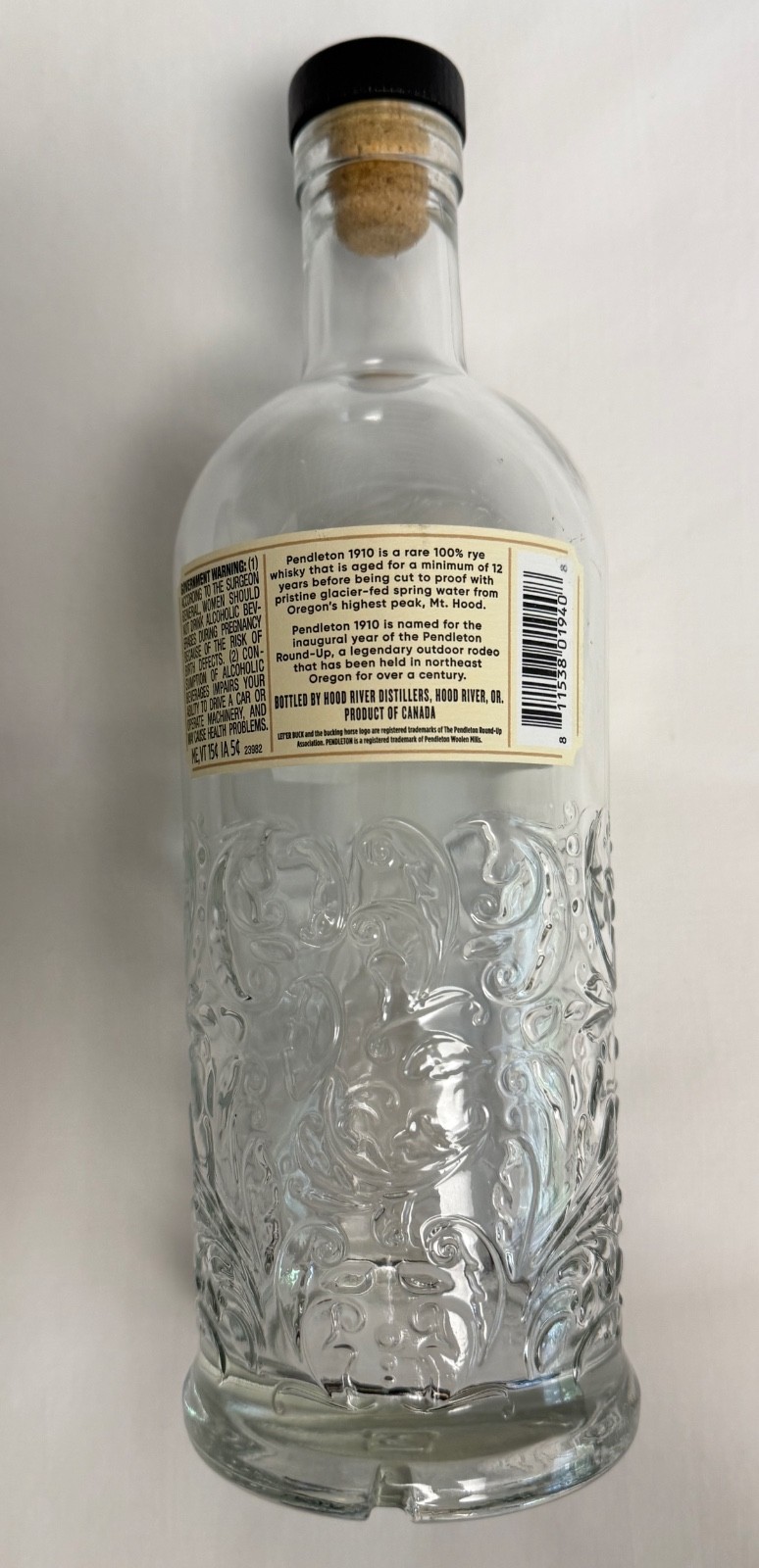 Empty 1910 Pendleton Canadian Rye Whisky Bottle 750ml Arts Crafts Embossed Glass