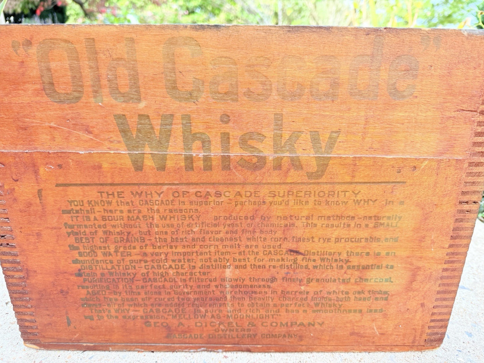 Antique Rare Old Cascade Whisky Geo. A. Dickel & Co. Distillery Wood Crate