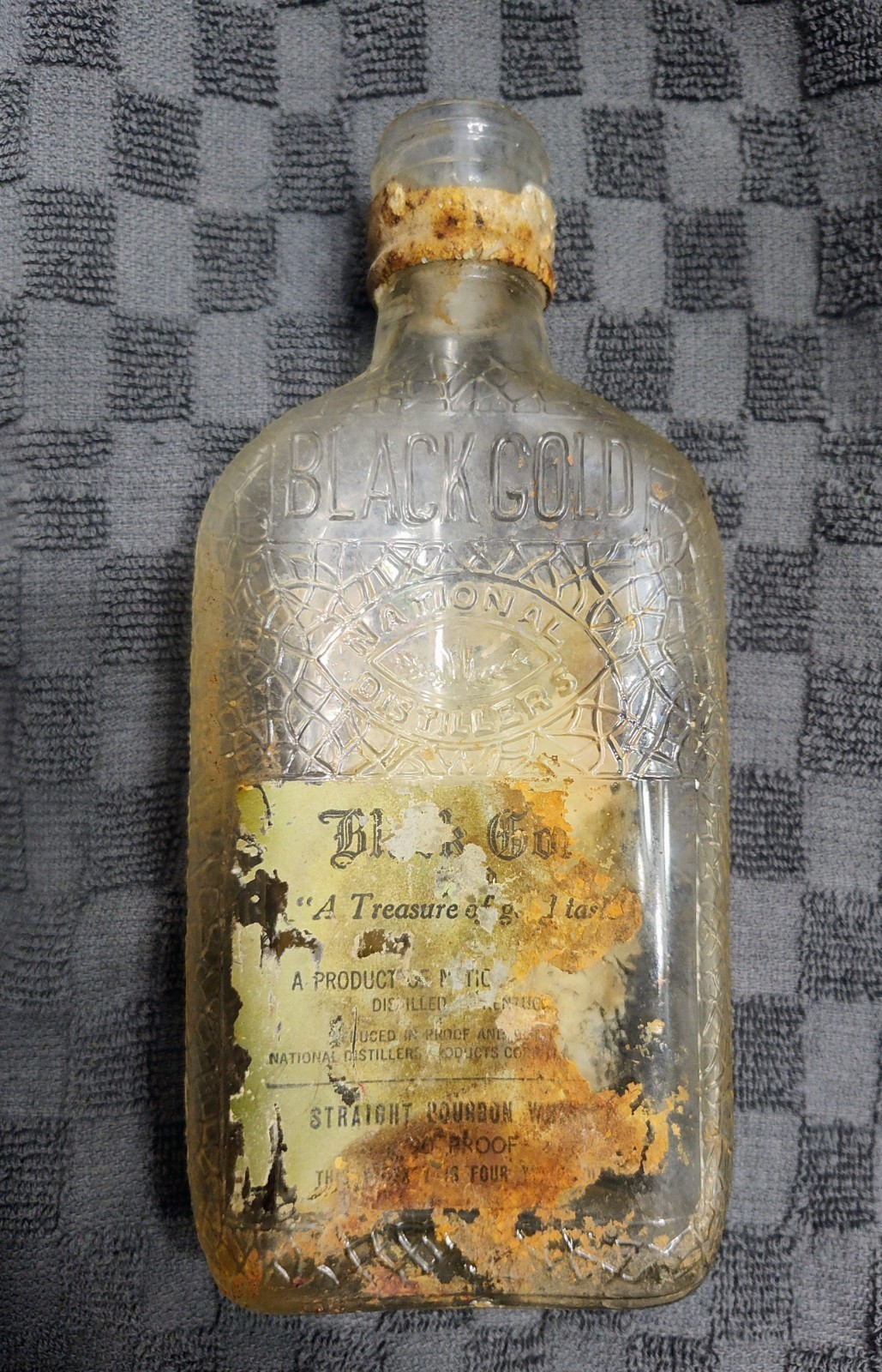 Vintage Black Gold Whiskey Flask Partial Label Remnants Circa 1940’s
