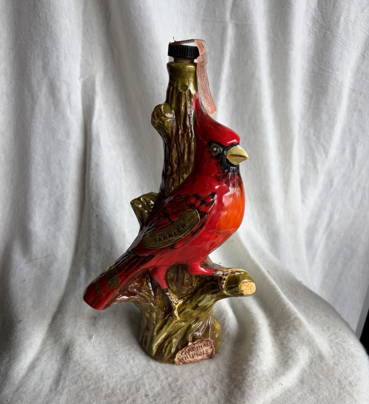 vintage Garnier figural liqueur decanter shaped like a red cardinal