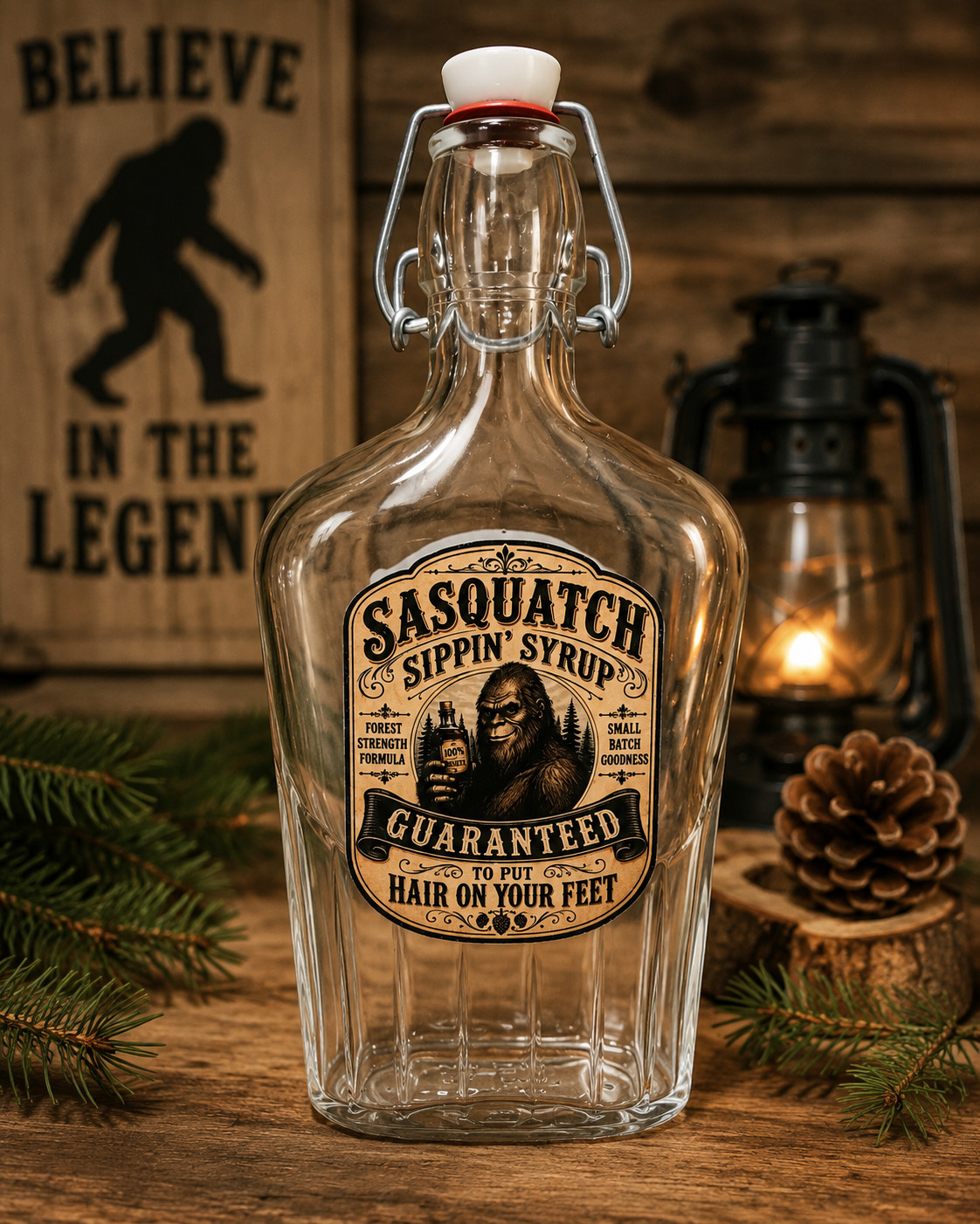 Sasquatch Sippin’ Syrup Decorative Italian Glass Flask Bottle – Funny Bigfoot