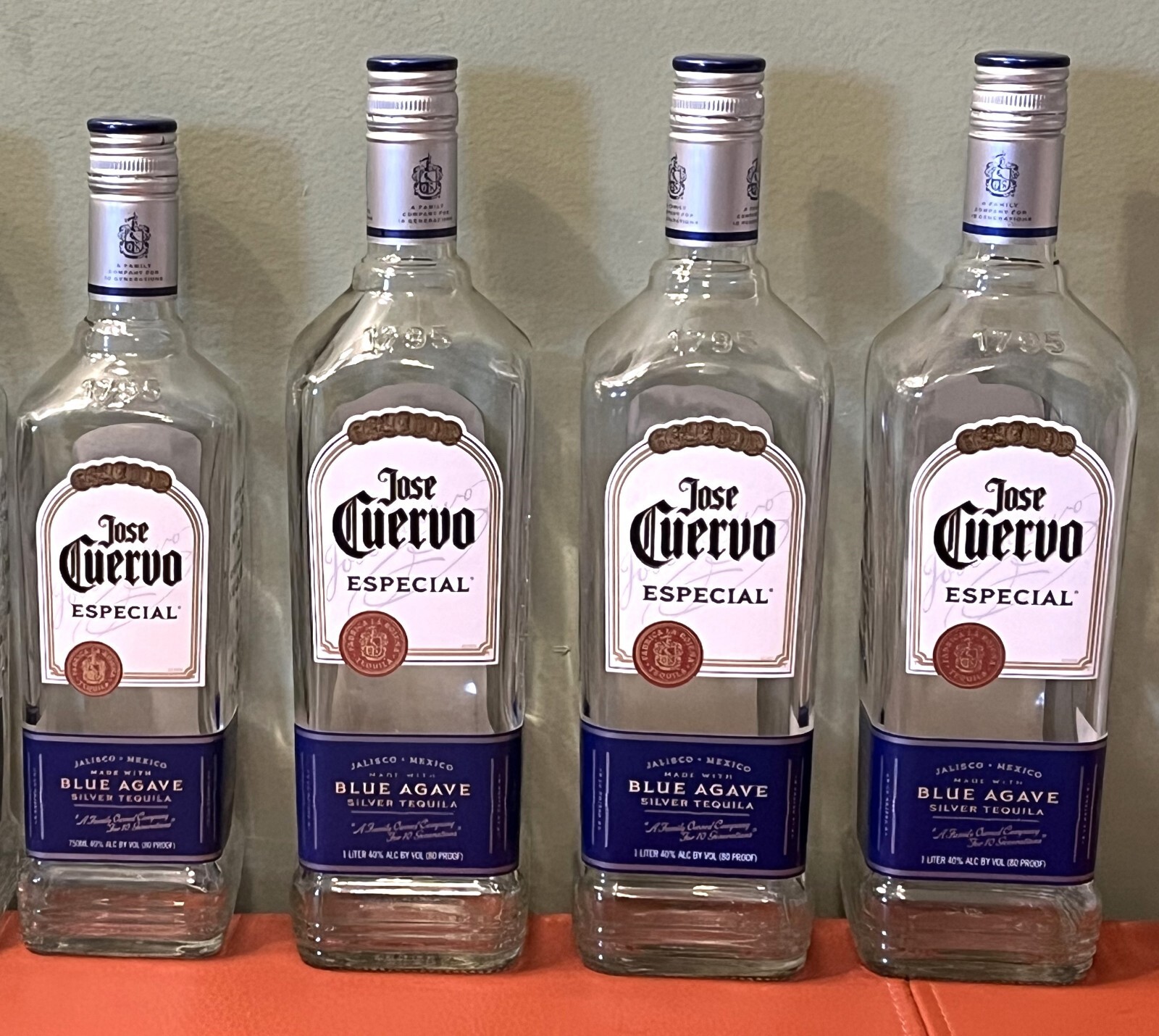 4 Empty Jose Cuervo Blue Agave Silver Tequila Bottles: 1 X 750 ml & 3 X 1 Liter