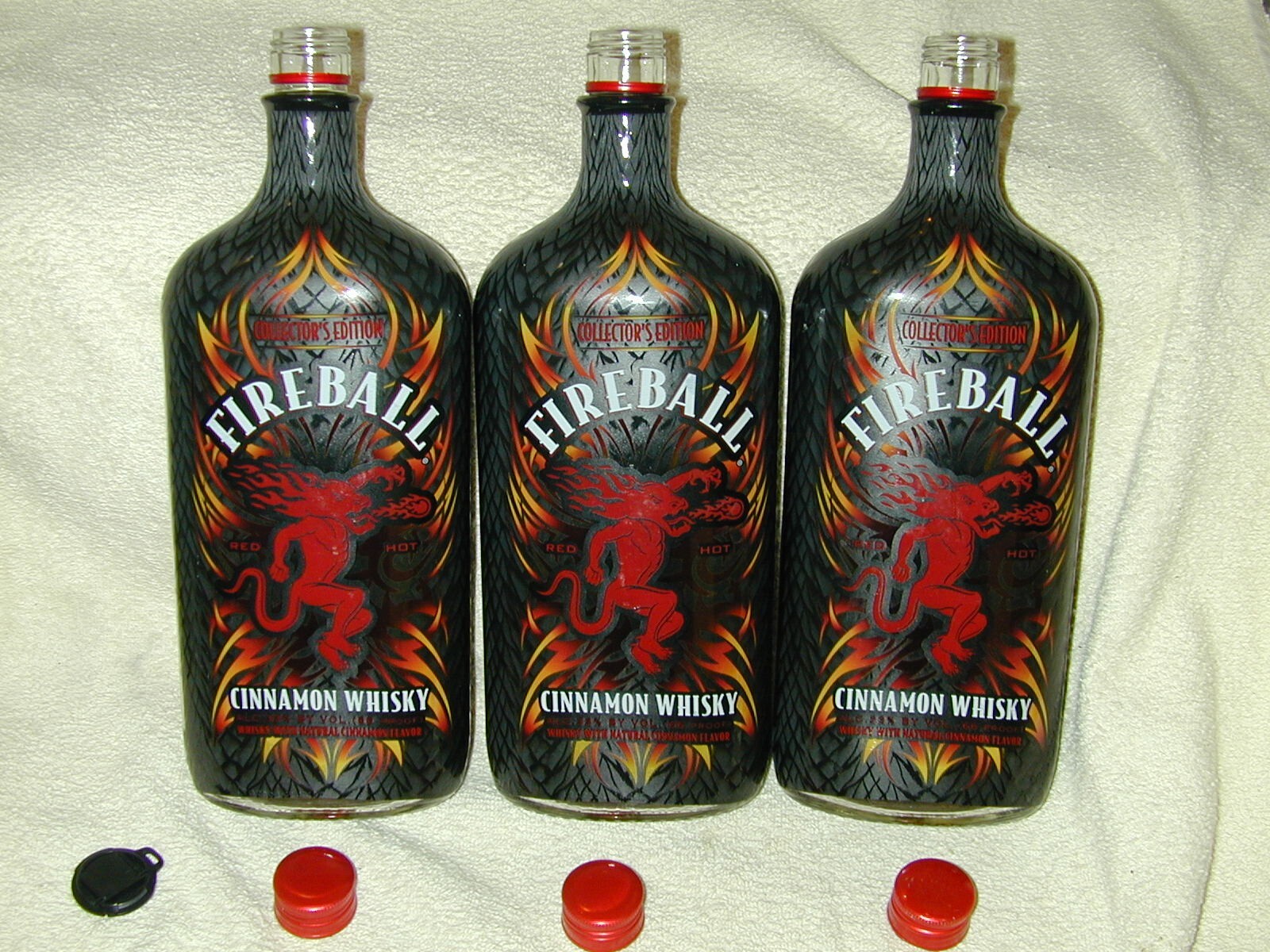 (3) FIREBALL WHISKY RED HOT RARE 1L BOTTLES COLLECTOR’S SERIES W/CAP EMPTY