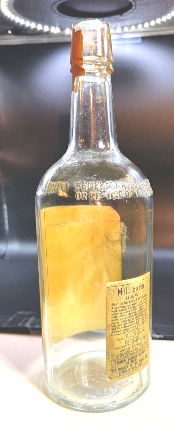 RARE ANTIQUE ORIGINAL » G $ W MILL FARM » WHISKEY PAPER LABEL BOTTLE!!