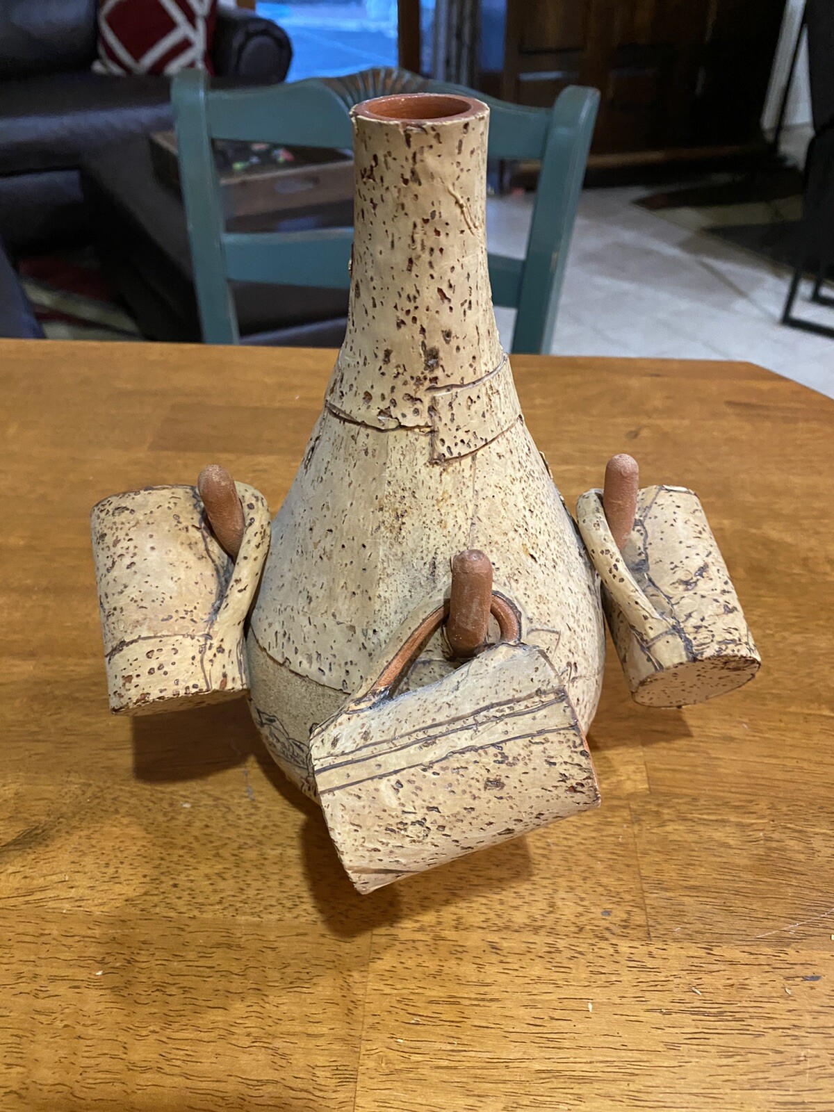 Vintage Cork Covered Clay Bottle 9” Inches Tall With 3 Glasses &Artists Drawing