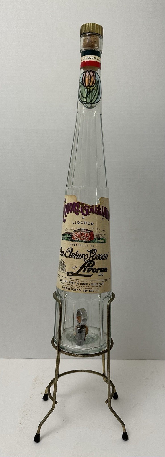 Vintage LIQUORE GALLIANO 1/2gal Glass BOTTLE w/ SPIGOT Tap in BRASS STAND