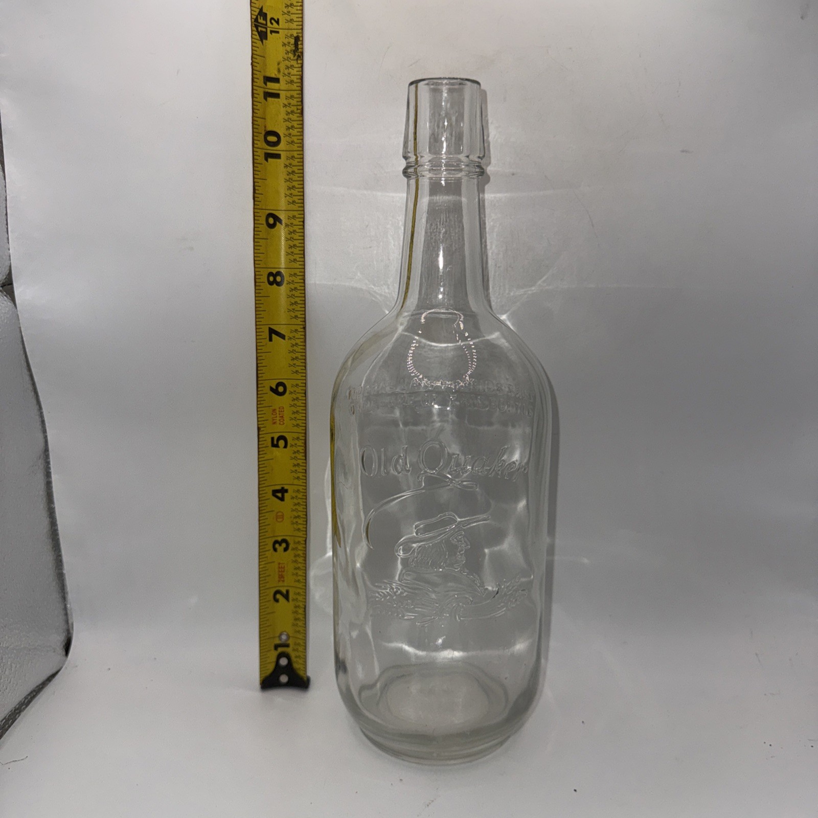 Old Quaker Brand 10-3/4″h Glass Cork Top Whiskey Bottle Empty Vintage Crafting