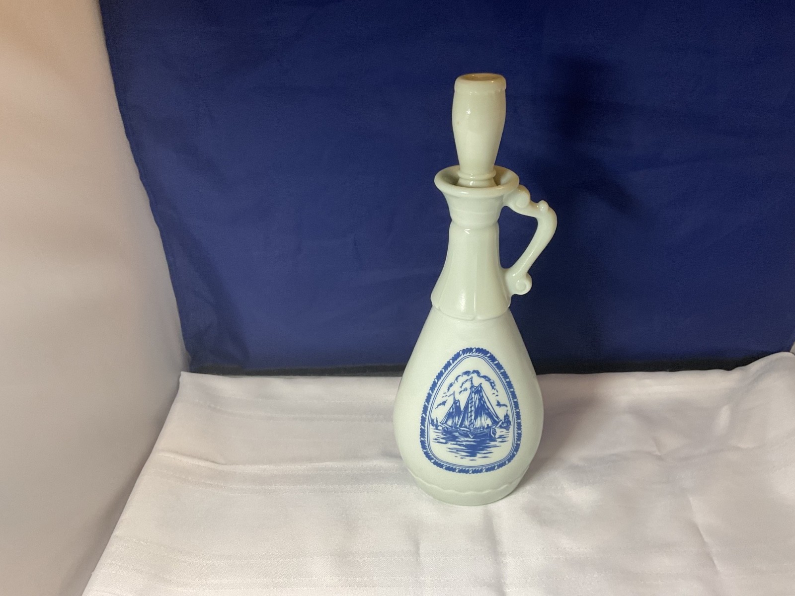 Vintage Delft Style Ceramic Decanter Bottle Dutch Windmill Sailboat Scene -J26