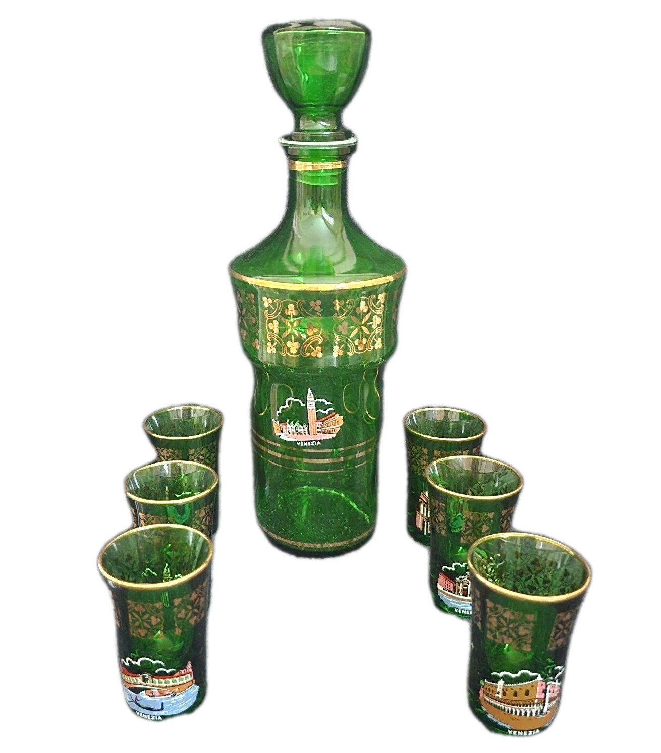 Vtg Cristallerie Artistiche Italy Emerald Green & Gold Decanter 6 Shot Glasses