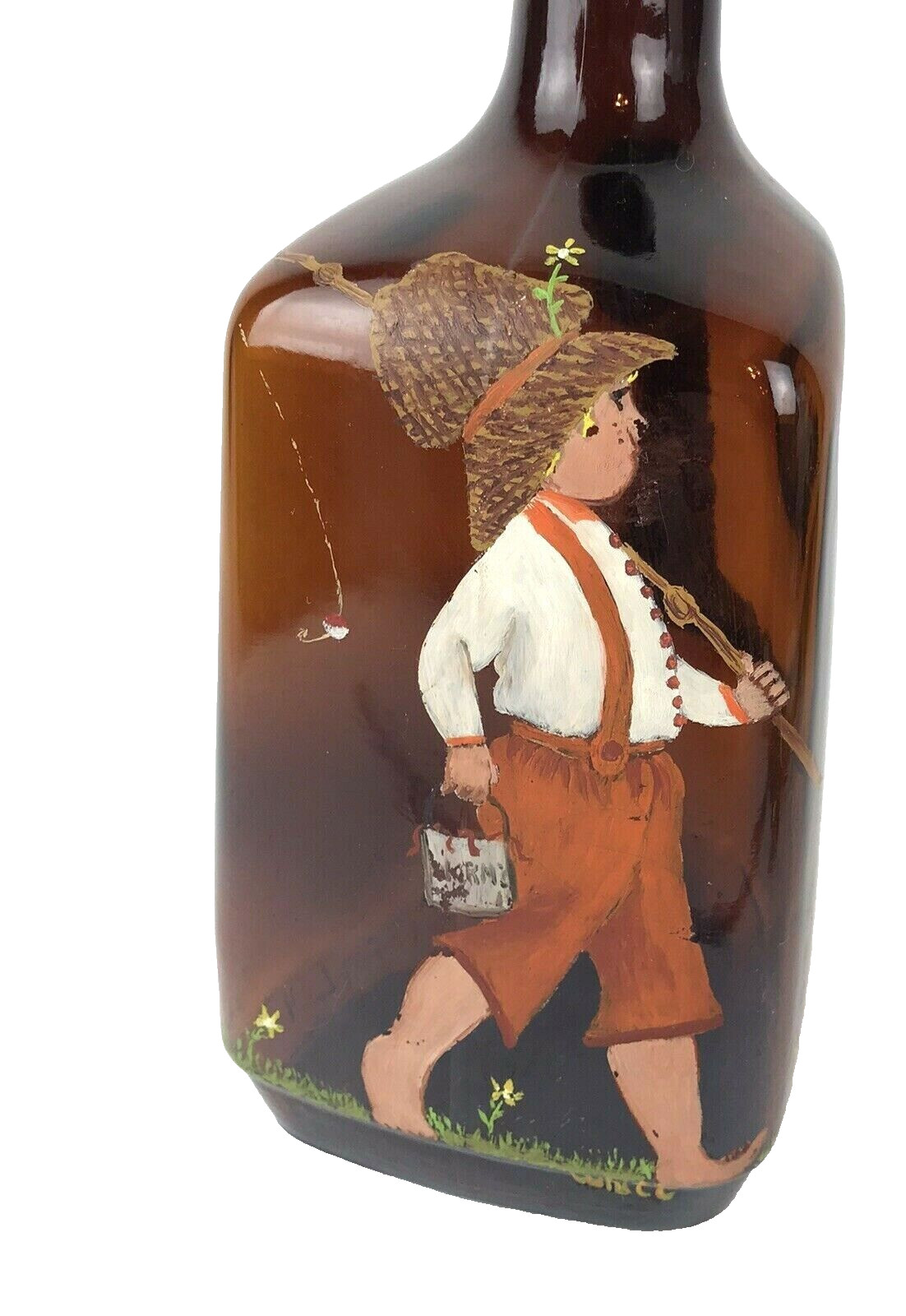 Vtg Hand Painted 1/2 gallon Amber Liquor bottle Empty country fishing folk art
