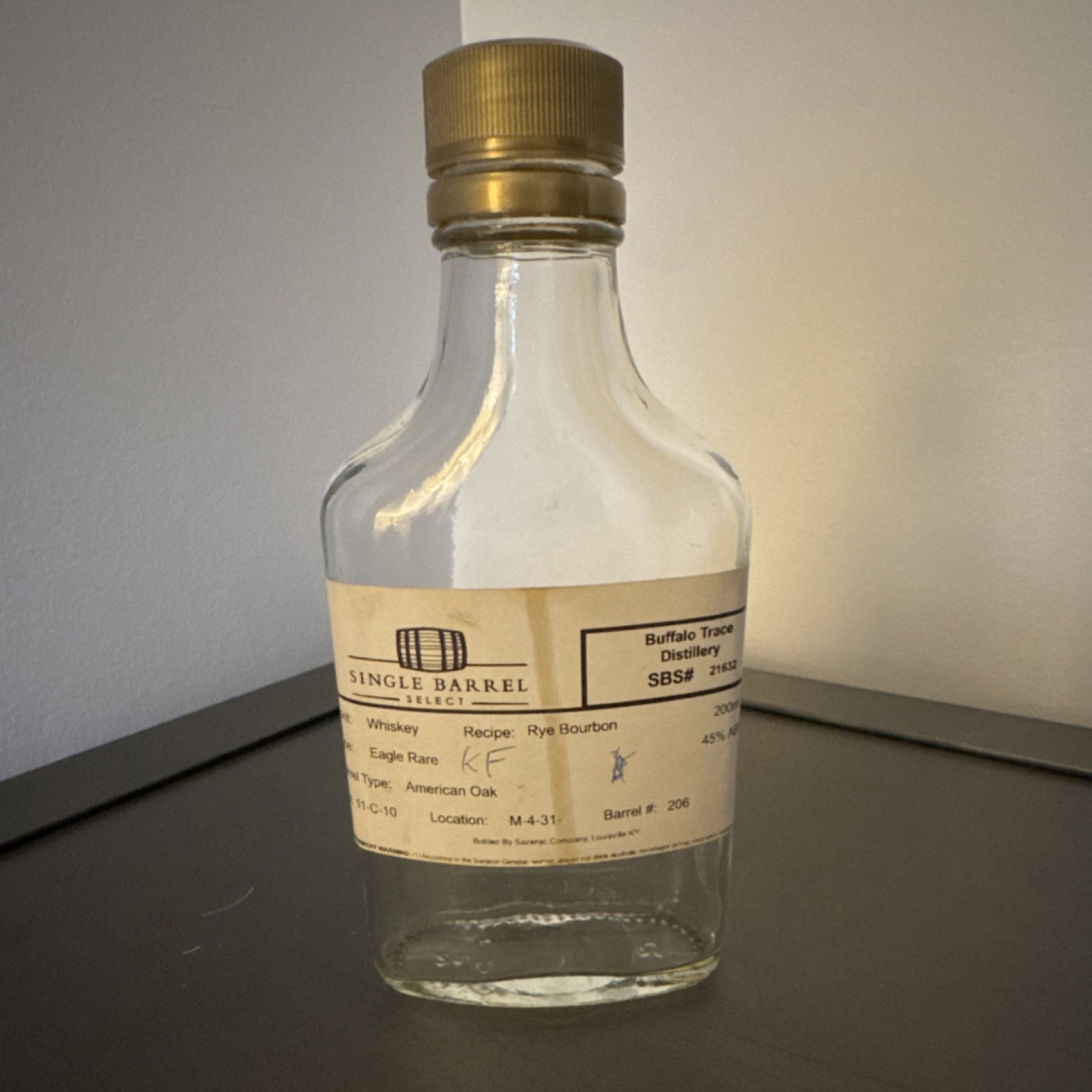 Buffalo Trace Single Barrel Select Empty Liquor Bottle 200ml Clear UNRINSED