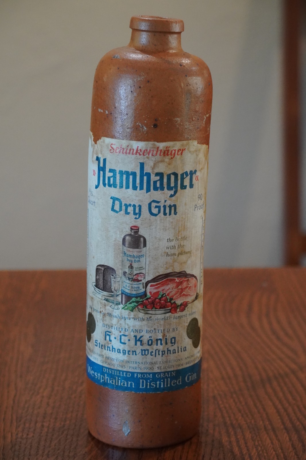 Antique German Stoneware Clay Schinkenhager Gin Bottle Hamhager 11″