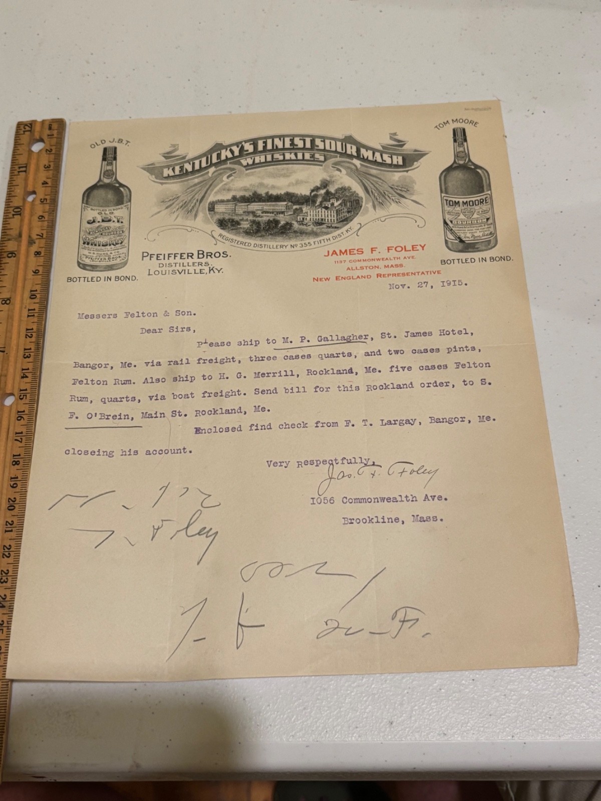 1915 Pfeiffer Bros. Louisville KY Tom Moore Whiskey advertising Letter billhead