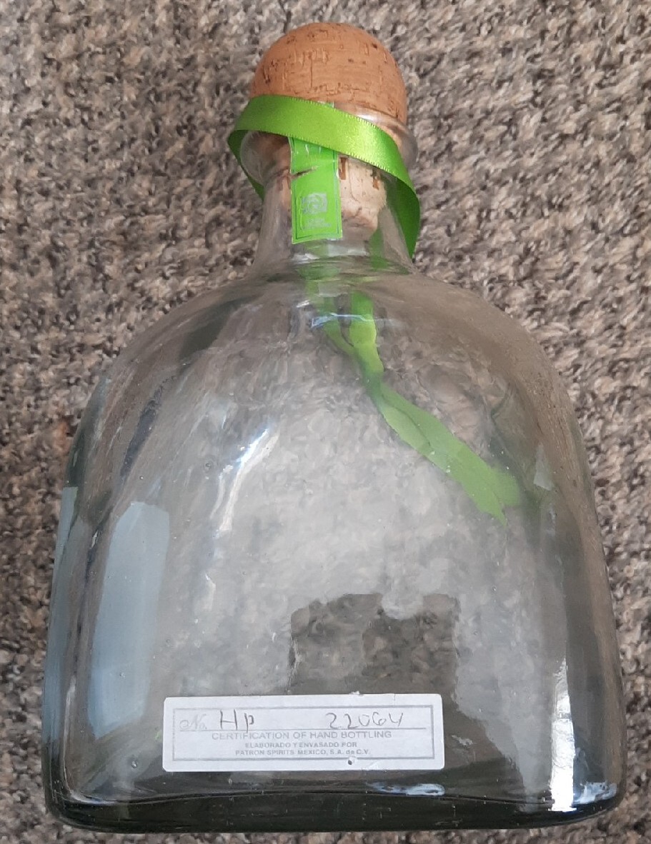 Patron Agave Tequila Silver 1.75L Empty Heavy Bottle with Cork Green Ribbon