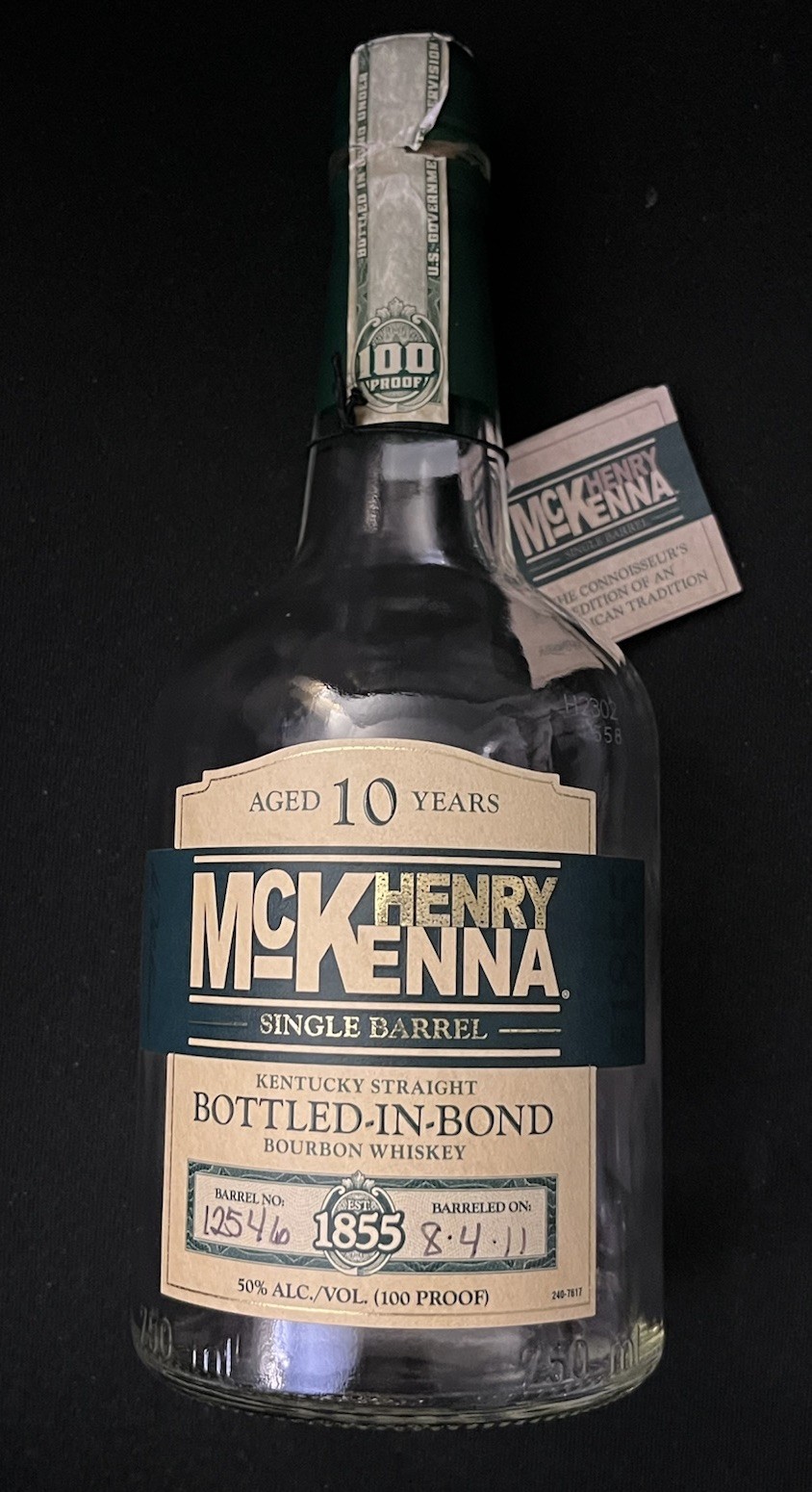 Henry McKenna 10 Year Single Barrel Bourbon Whiskey Empty Bottle BIB 8/4/11