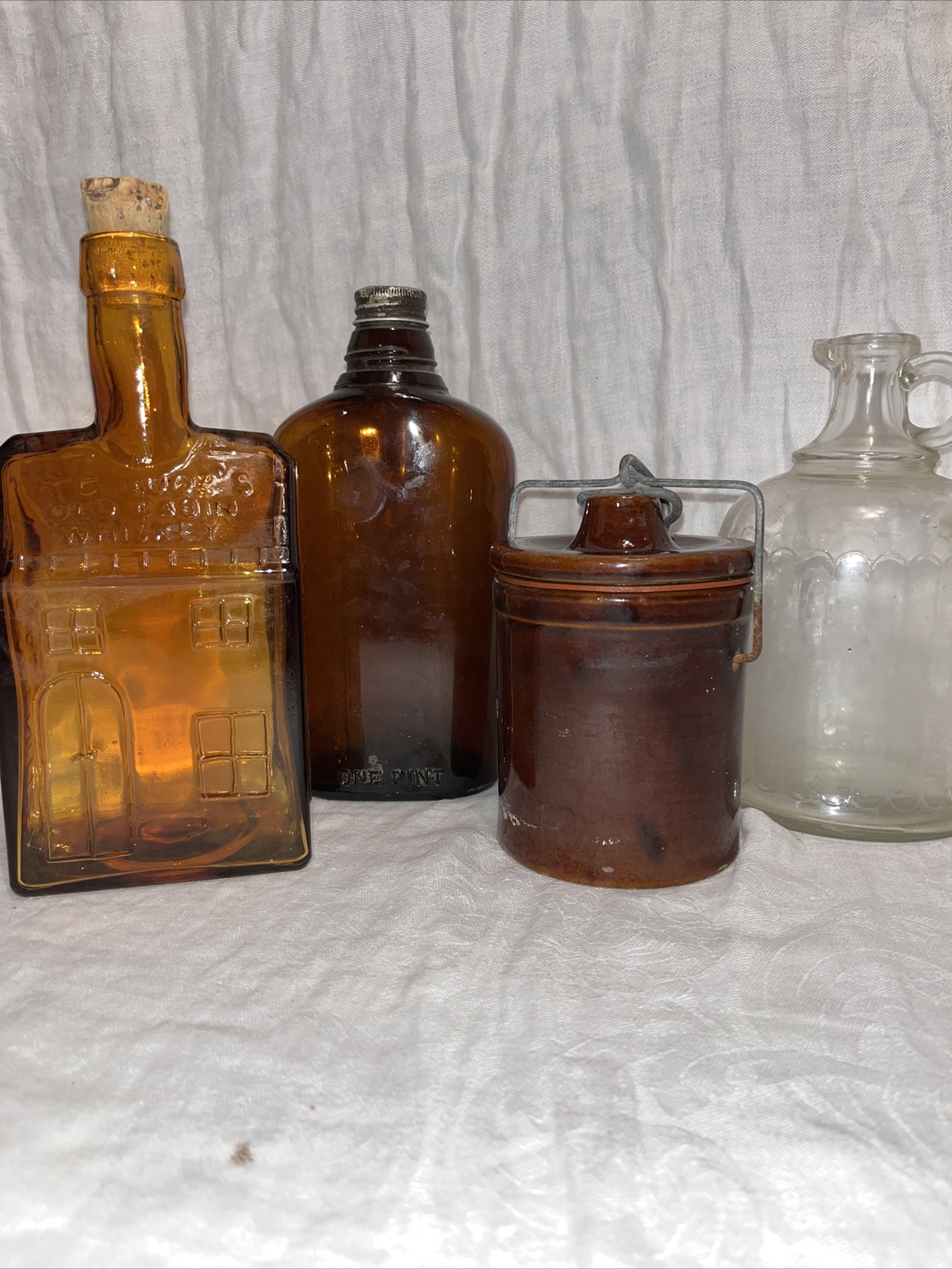 VIintage E G. Boozs Old Cabin amber clear jug whisky bottles butter cheese crock