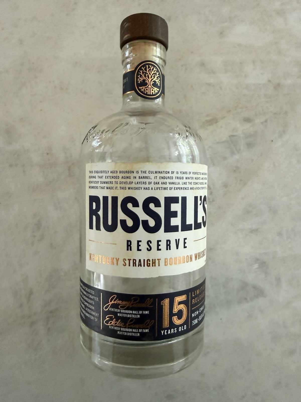 Russell’s Reserve 15 Year Empty Bourbon Whiskey Bottle With Cork