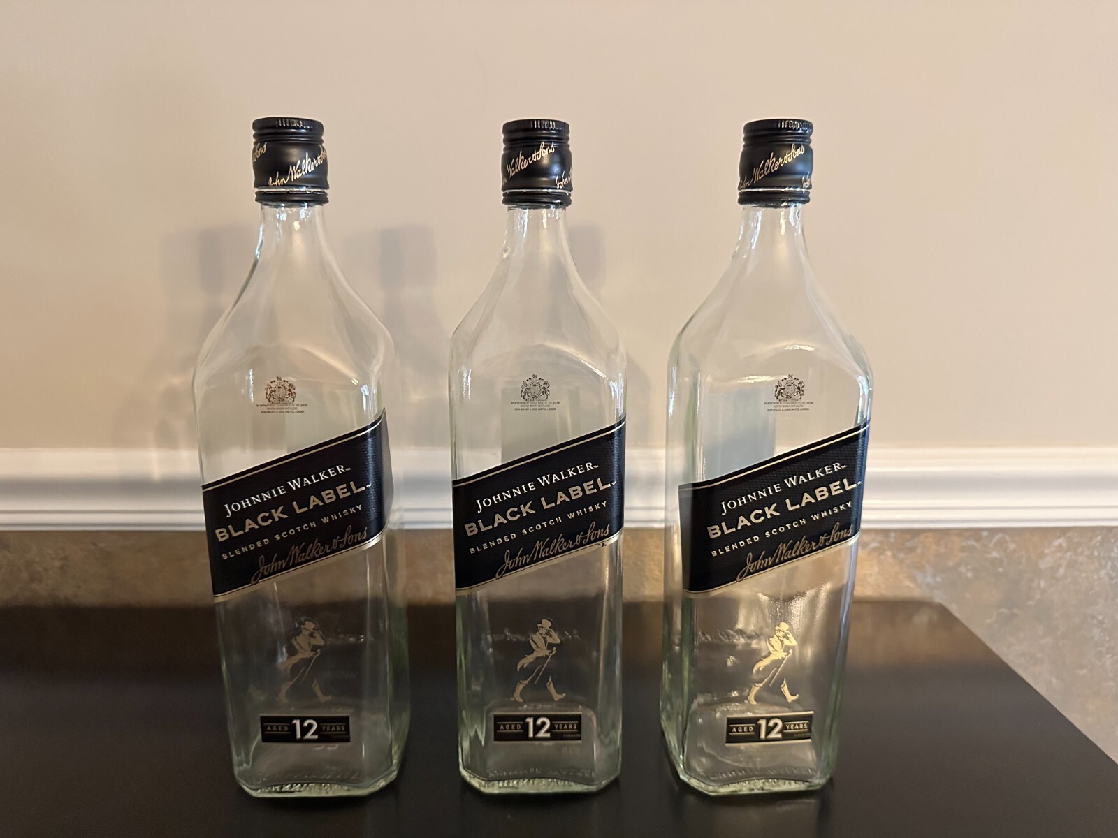 Lot of 3 Empty 1 Liter 1000 ML Johnnie Walker Black Label Bottles, With Caps