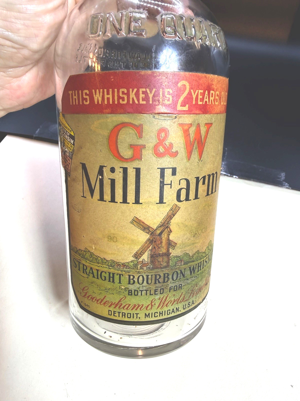RARE ANTIQUE ORIGINAL » G $ W MILL FARM » WHISKEY PAPER LABEL BOTTLE!!