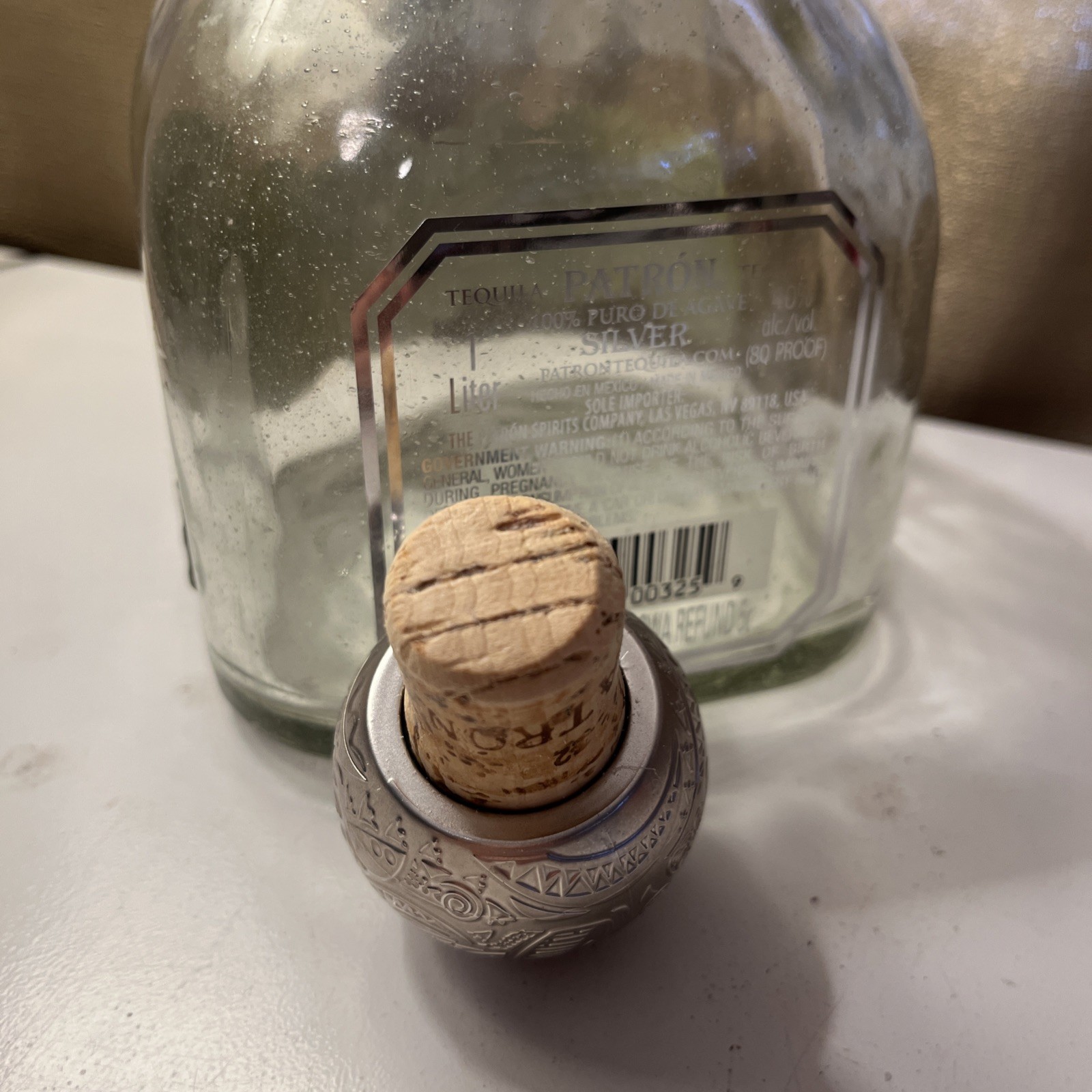 Patron Silver Limited Edition Tequila Bottle, Pewter Bee Label and Cork 1492