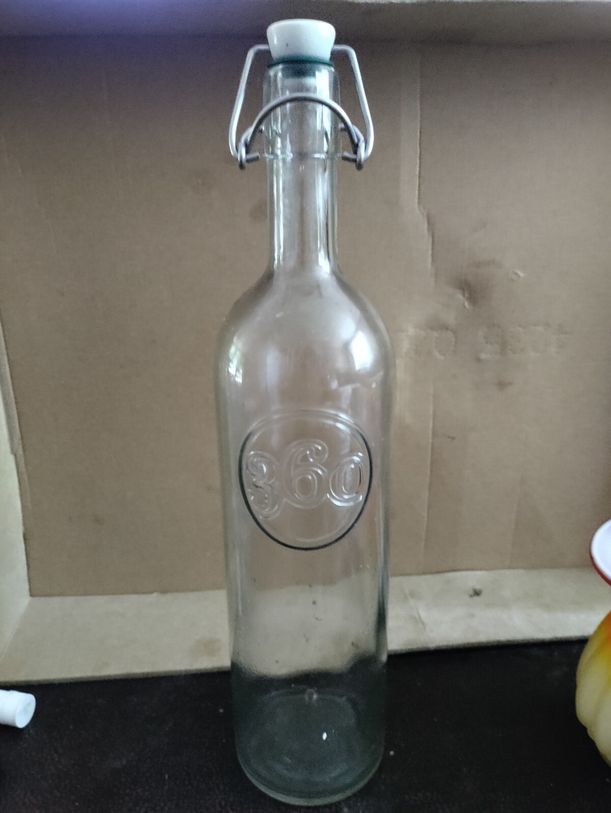 Vintage 360 Vodka Clear Teal Glass Bottle W/ Bale Stopper Empty ~ 13.5″ Tall