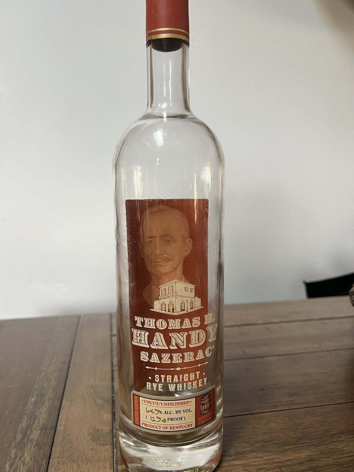 Thomas H. Handy Sazerac Straight Rye Whiskey 127.2 Proof Unrinsed Empty Bottle