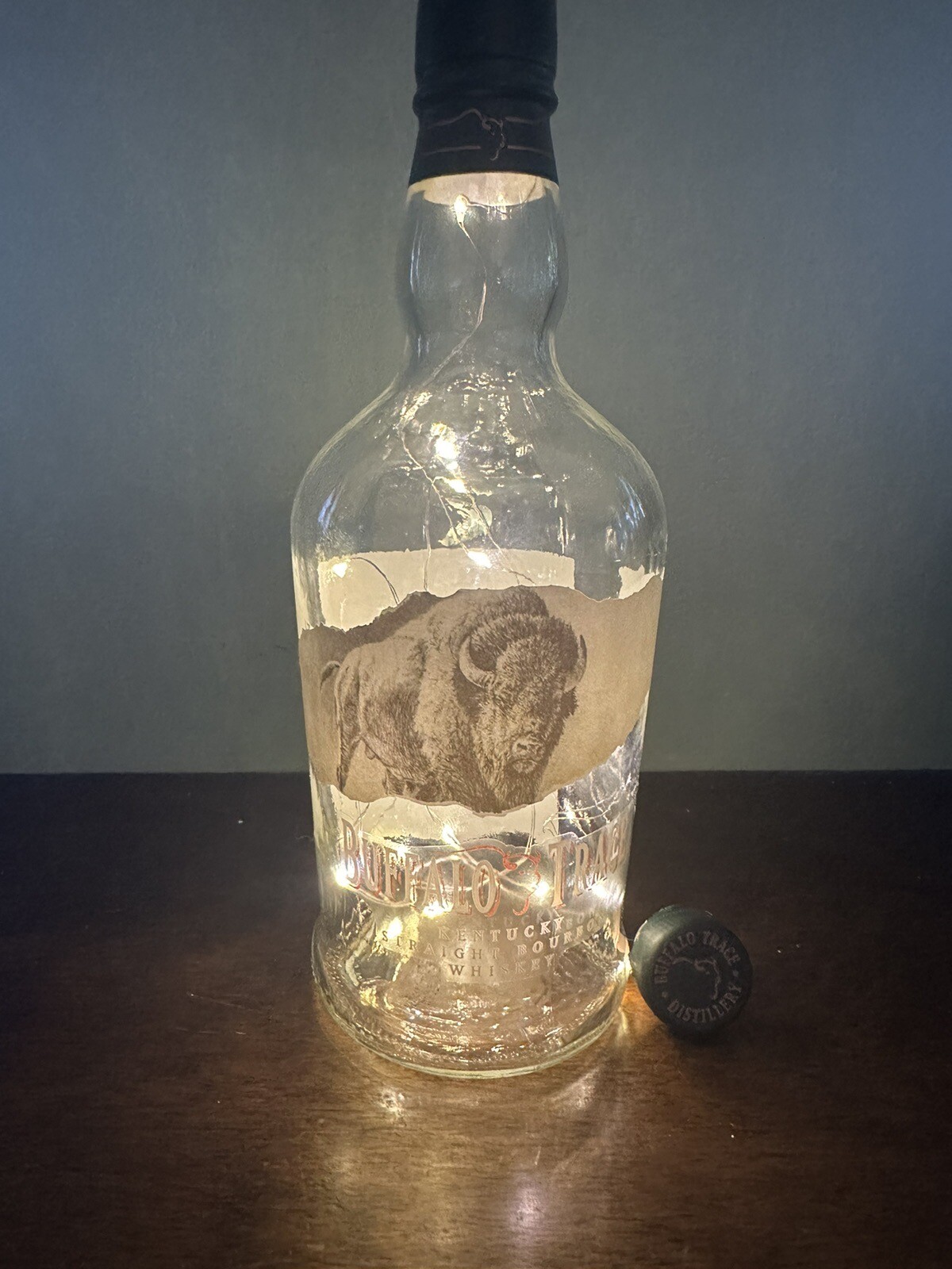 Empty Buffalo Trace Kentucky Bourbon 750ML Bottle w. LED’s & cork stopper