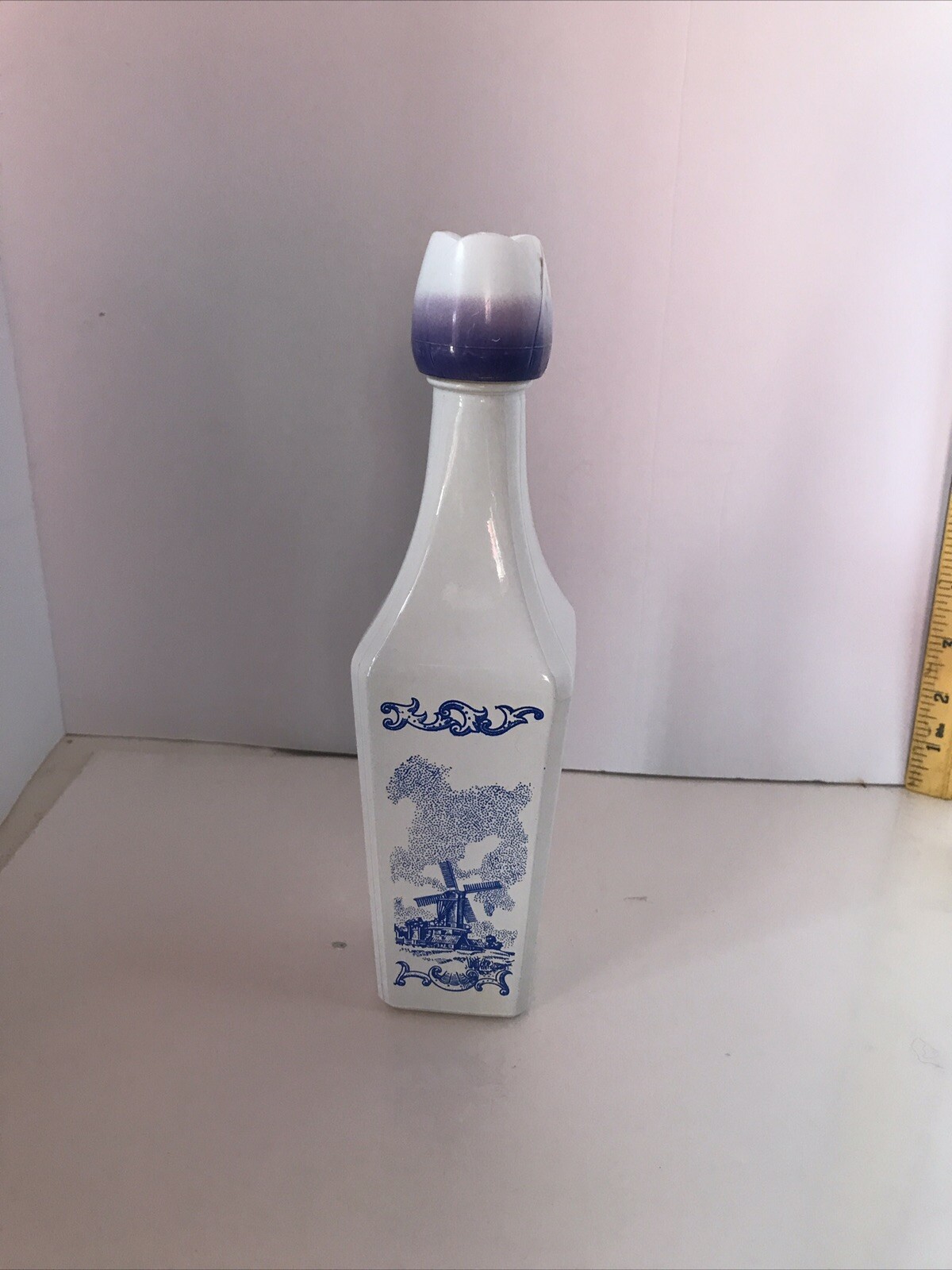 Vintage 1970’s Vandermint Milk Glass Dutch Delft Blue Windmill Liquor Bottle