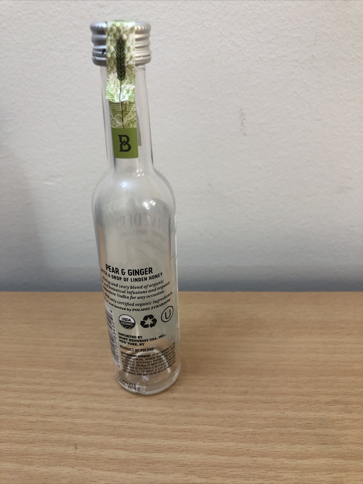 1 Empty Belvedere Vodka Organic Fusion Apple Finer Mini Bottles 50ml 6 inch High