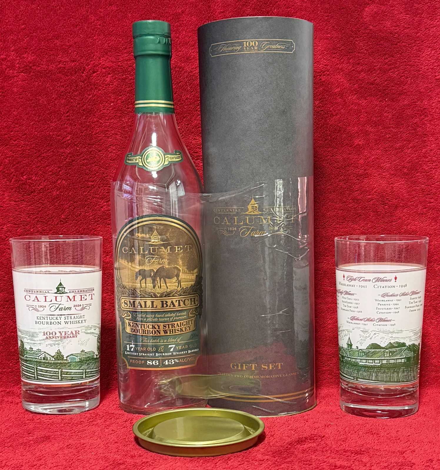 Calumet Farm Bourbon Kentucky Derby/Triple Crown 100th Ann. Glass Gift Set