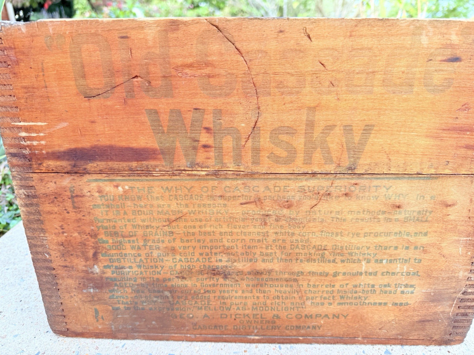 Antique Rare Old Cascade Whisky Geo. A. Dickel & Co. Distillery Wood Crate