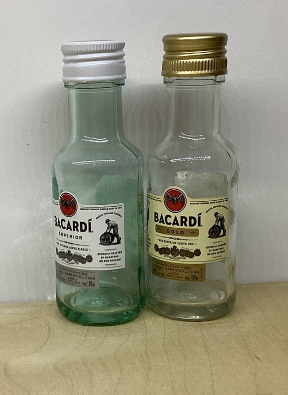 2 Bacardi Gold and Superior Rum Empty 100ml Glass Bottles Craft Decor