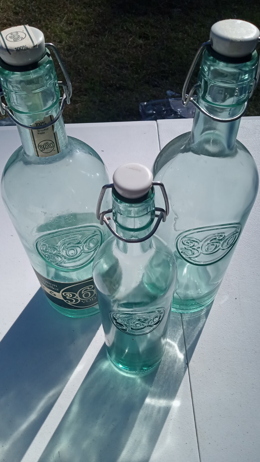 3 Vintage 360 Vodka Clear Teal Glass BottlesW/ Bale Stopper Empty 14.5 inch Tall