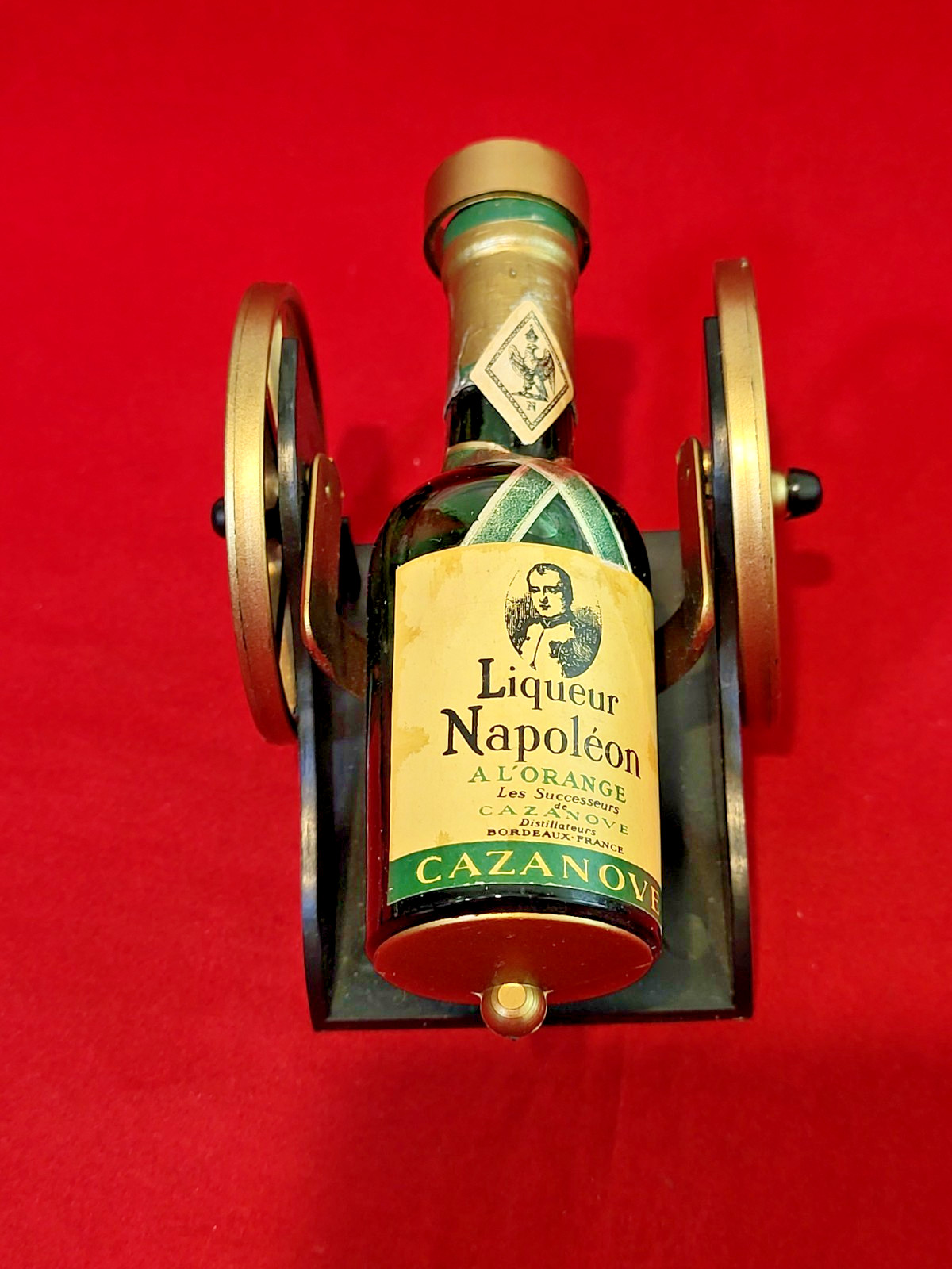 Empty Vintage Souvenir Miniature Liqueur Napoleon CAZANOVE Bottle w/Cart- FRANCE