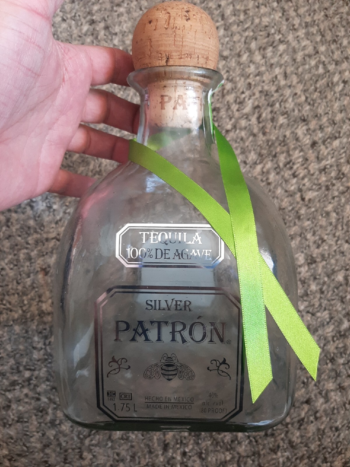 Patron Agave Tequila Silver 1.75L Empty Heavy Bottle with Cork Green Ribbon