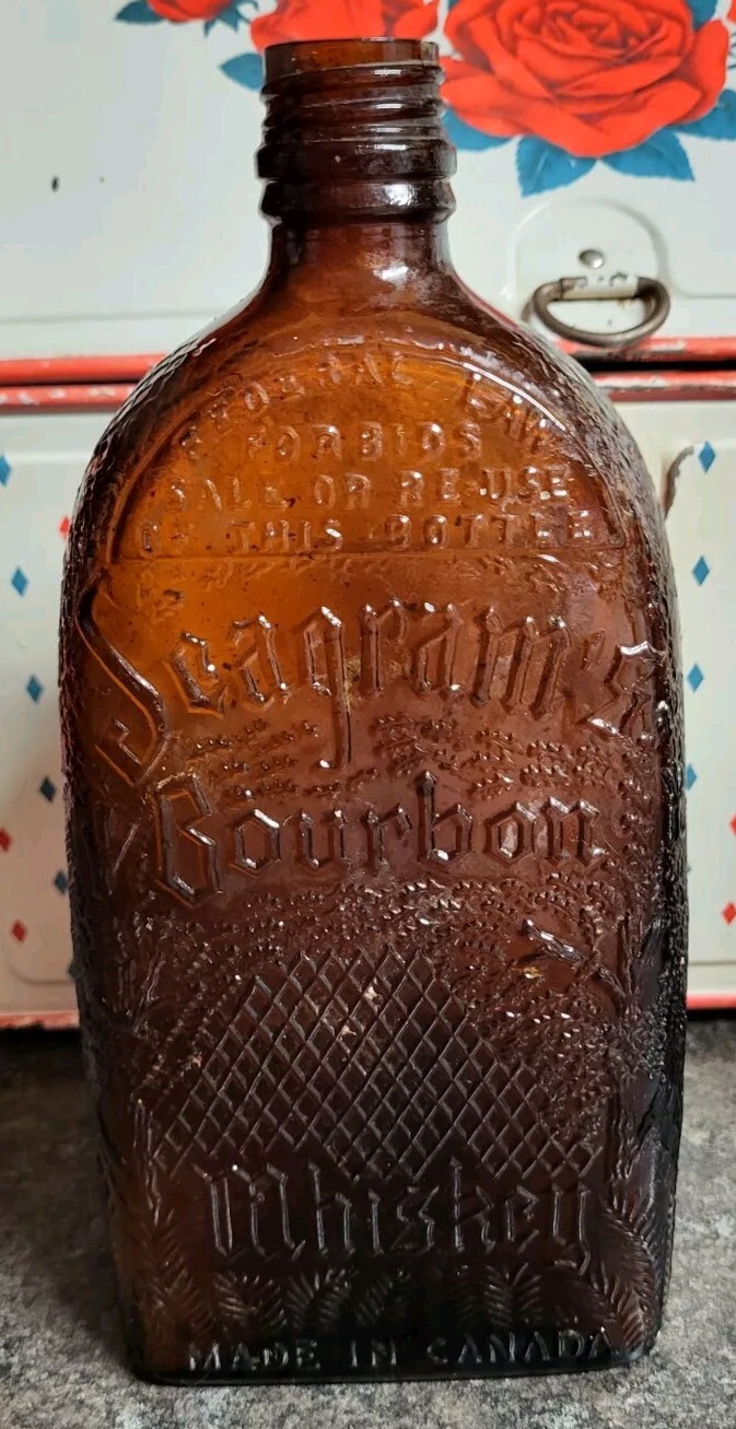 Scarce Antique Seagram’s Bourbon Whiskey Bottle Canada 9″ Tall, Very Early