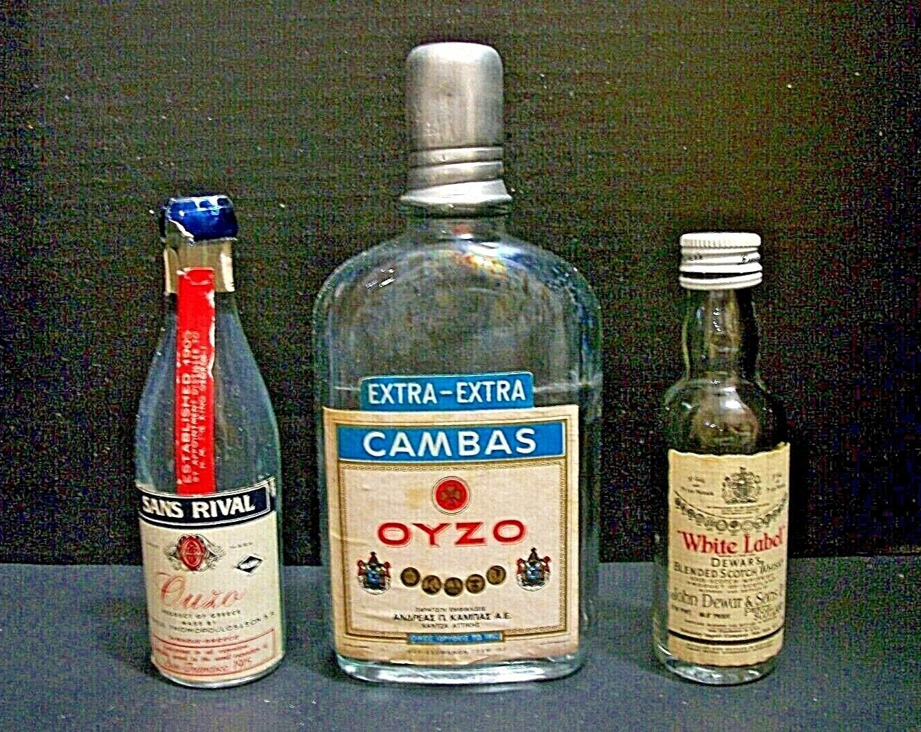 3 VTG EMPTY liquor Bottles OYZO from Greece, Mini White Label Whiskey, Mini OUZO