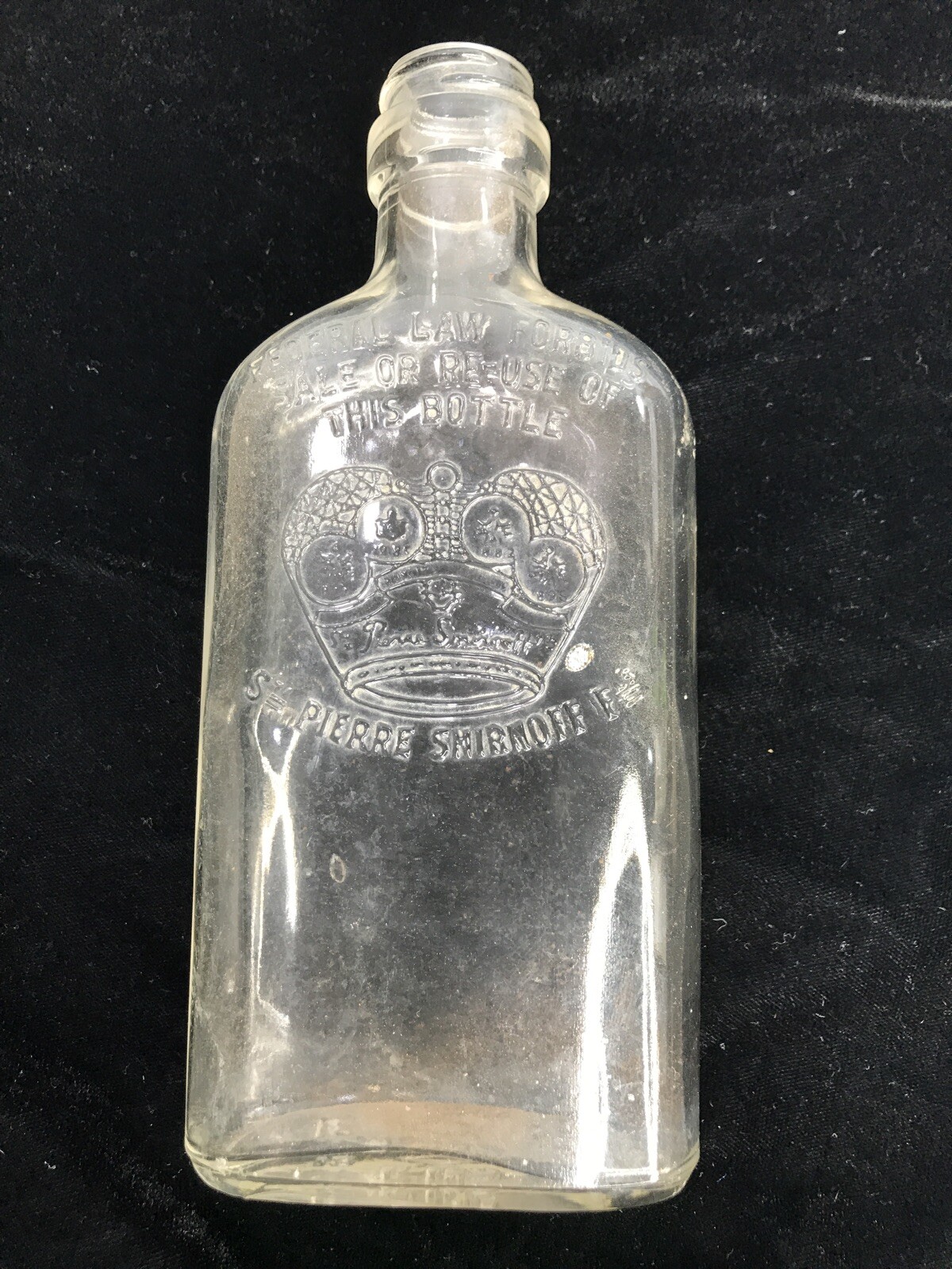 VINTAGE EMPTY ST PIERRE SMIRNOFF CROWN PINT FLASK TYPE LIQUOR BOTTLE