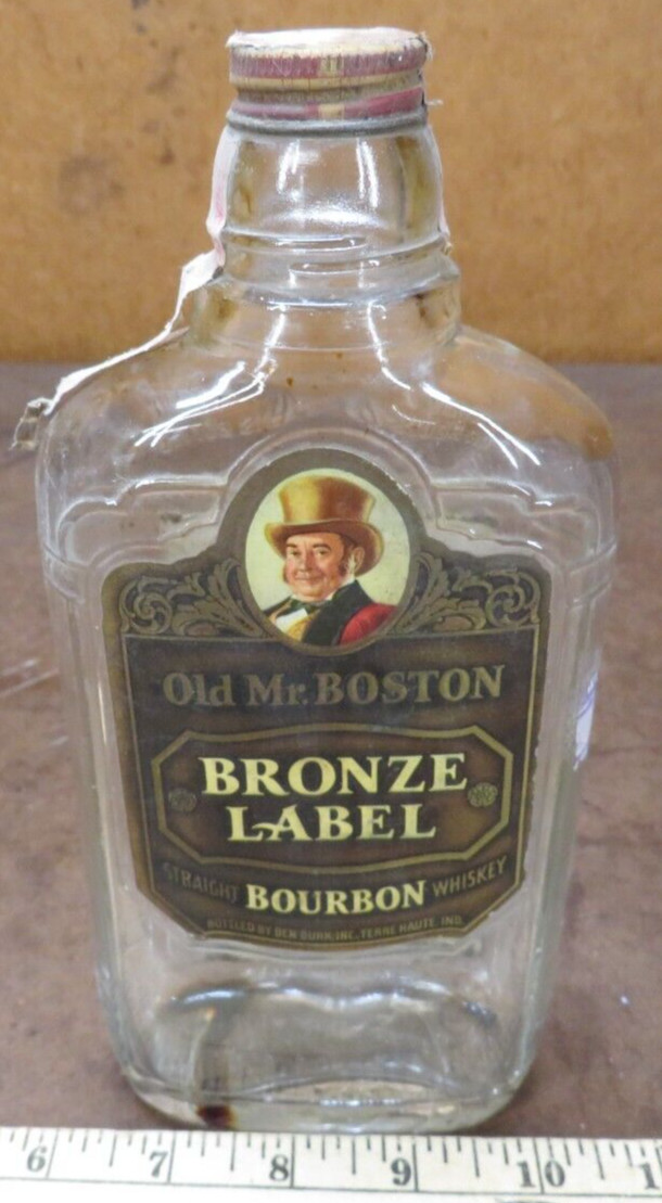 Old Mr Boston Bourbon Bronze label pint Liquor Bottle EMPTY Flask tax stamp 1941
