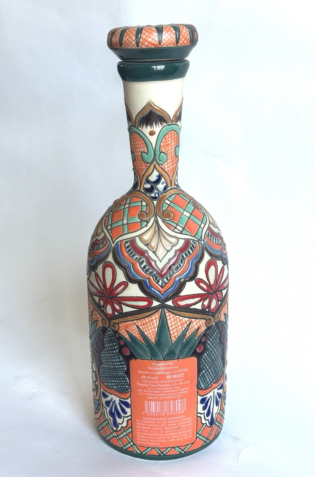 Dos Artes Extra Anejo Round Tequila Empty Bottle 2018 Hand Painted Ceramic 1 Ltr