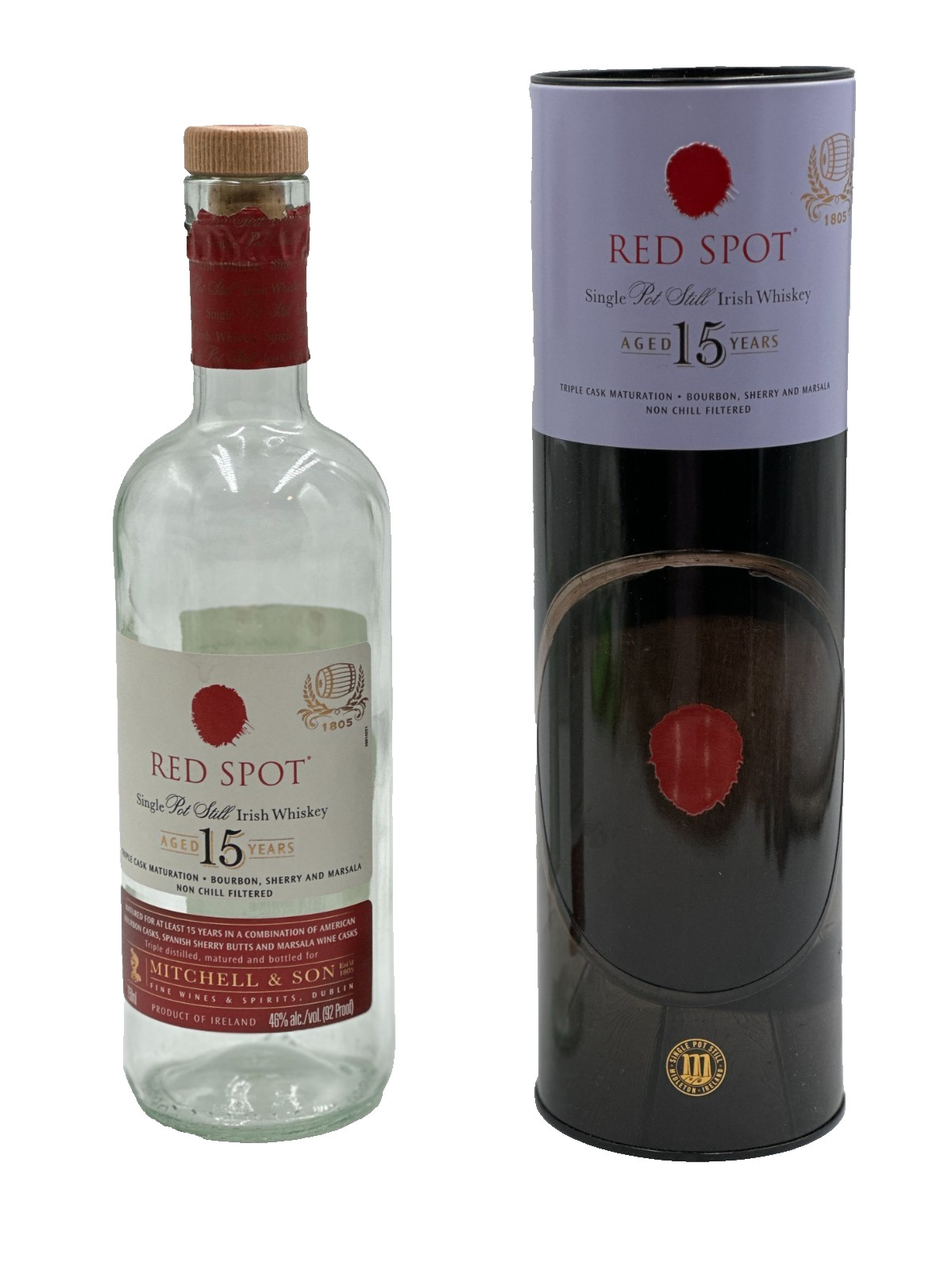 Red Spot 15 Year Irish Whiskey Empty Bottle Tube Box Cork 750ml Mitchell & Son