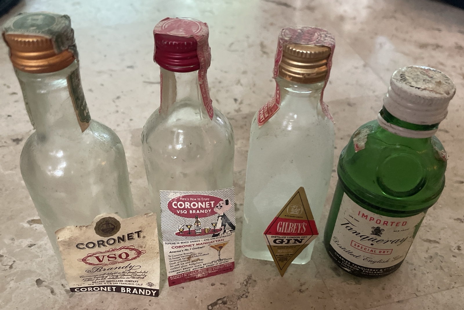 4 Vintage Tanqueray Mini Liquor Bottles empty Airline Gin Brandy Coronet