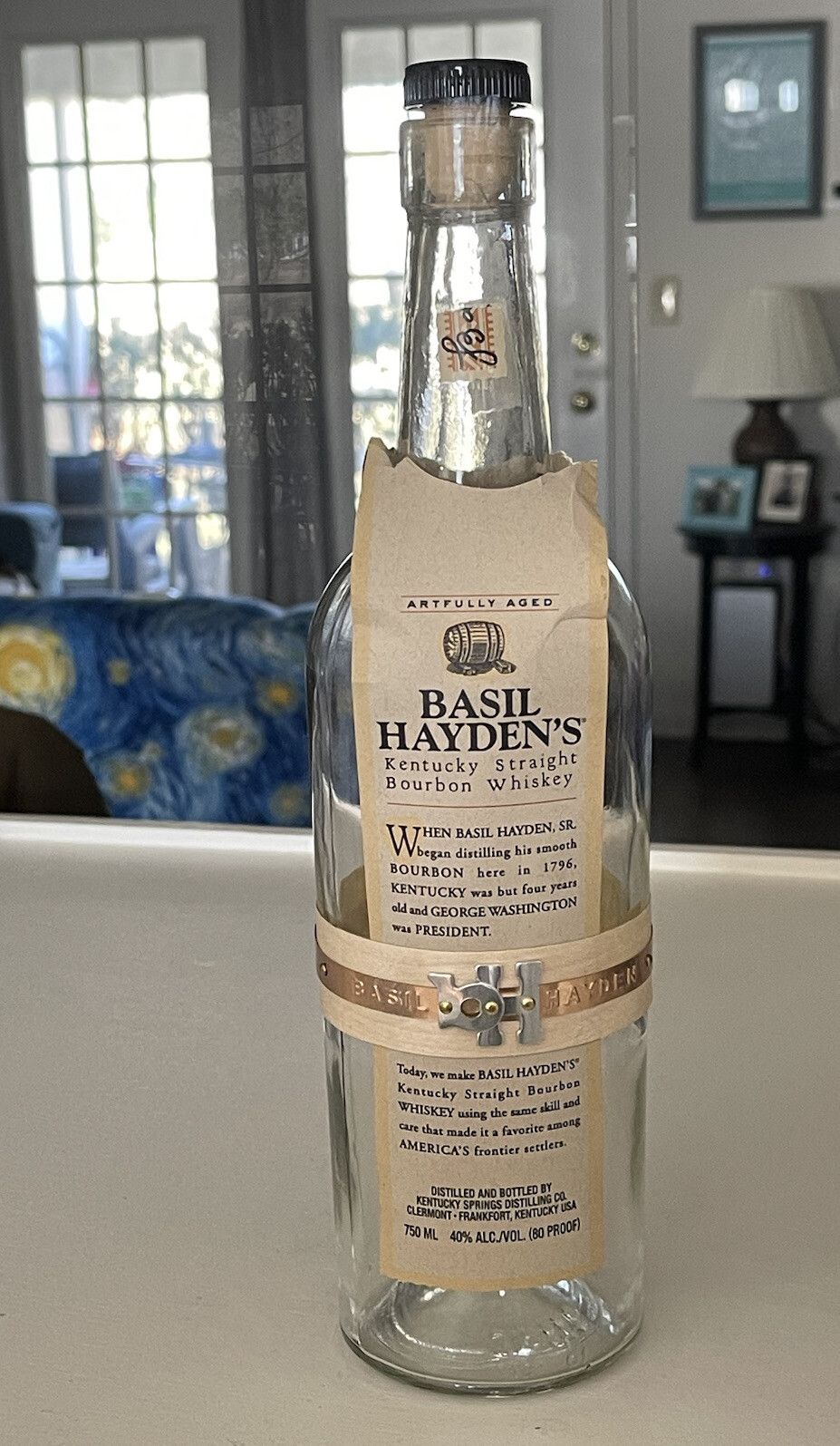 EMPTY 750 ML BASIL HAYDEN’S KENTUCKY STRAIGHT BOURBON WHISKEY BOTTLE W/CORK