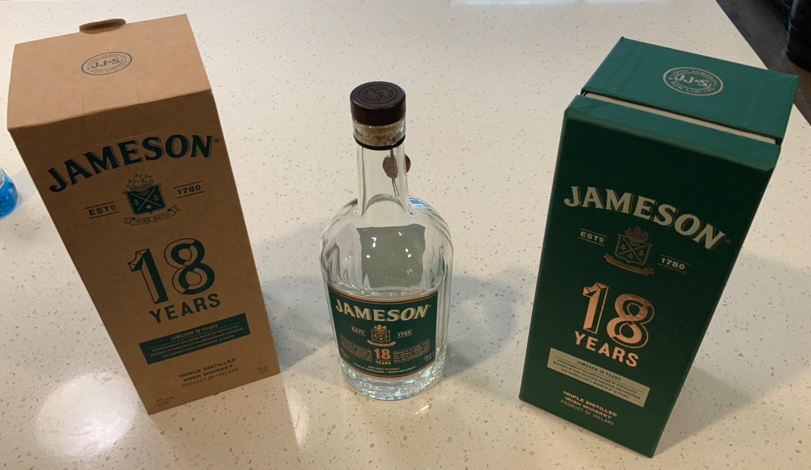 Jameson 18 Empty Bottle with Display Case and Cardboard Box and Charm