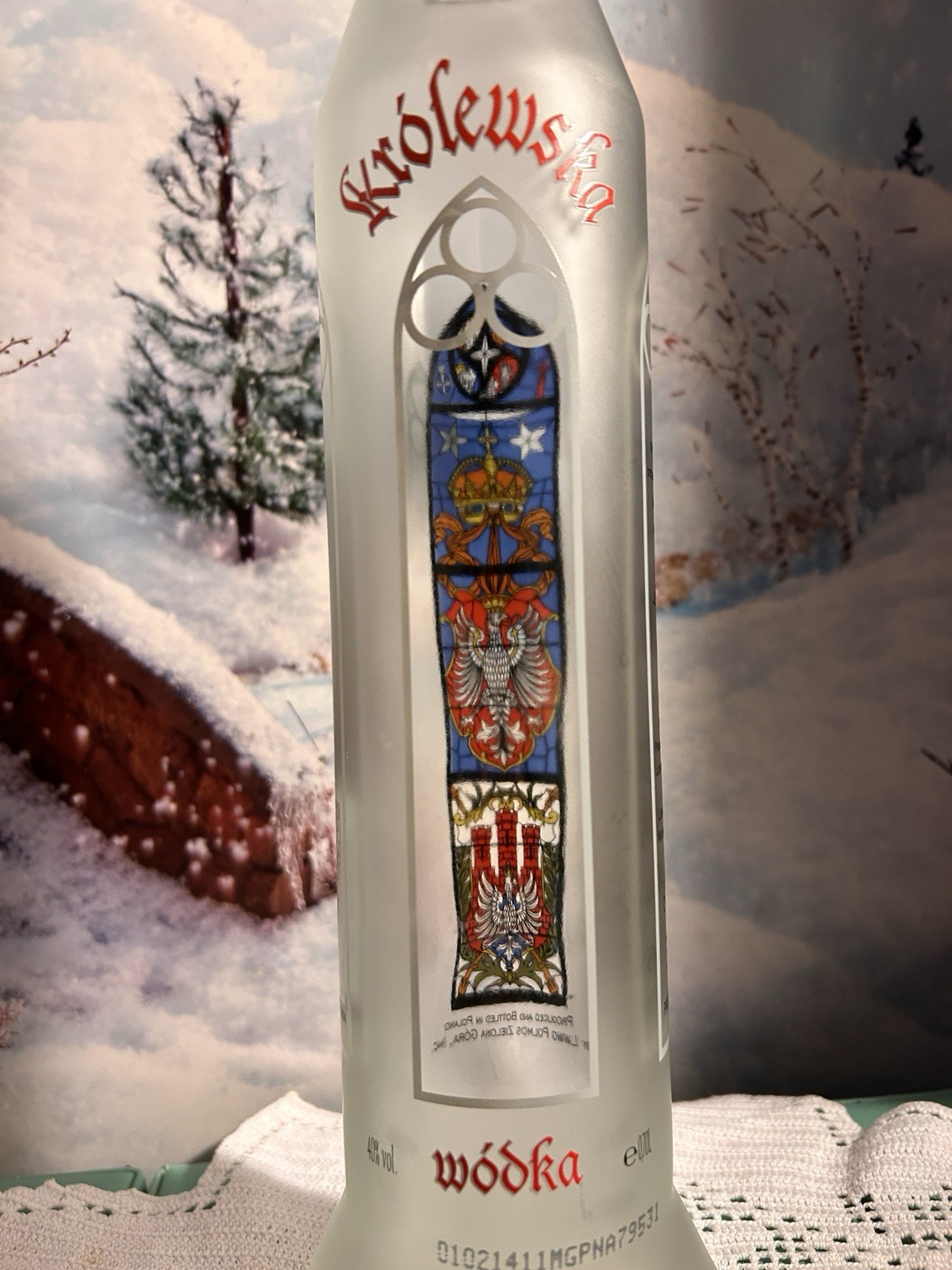 VTG ‘94 of Krolewska Vodka FROSTED EMPTY Bottle “STAIN GLASS WINDOW” Pretty!!