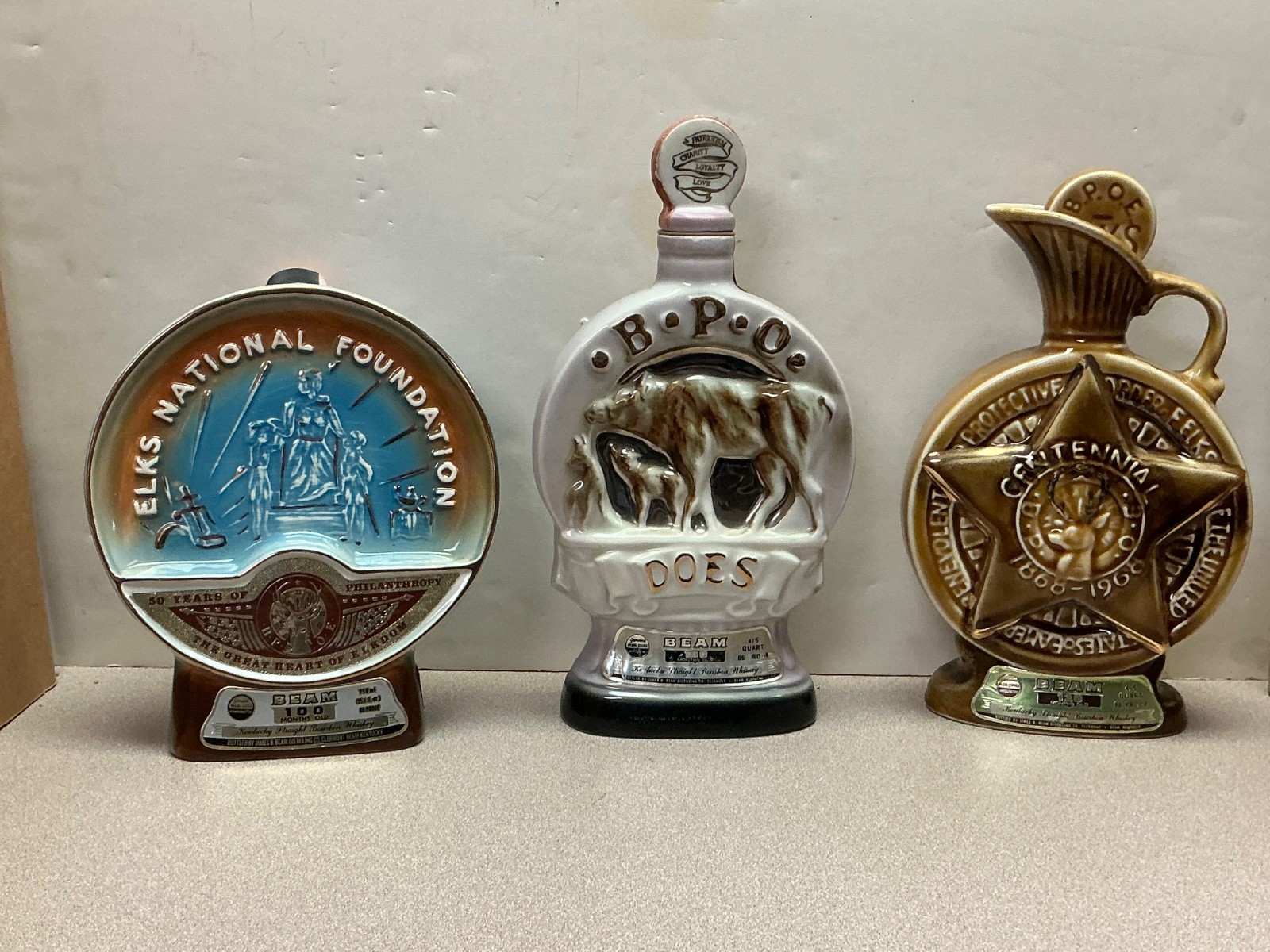 THREE – Vintage Jim Beam Decanters – Elks Natl & BPO Elks Centennial & BPO Does