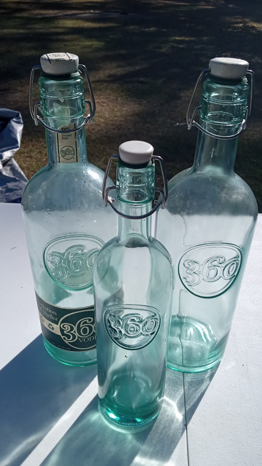 3 Vintage 360 Vodka Clear Teal Glass BottlesW/ Bale Stopper Empty 14.5 inch Tall