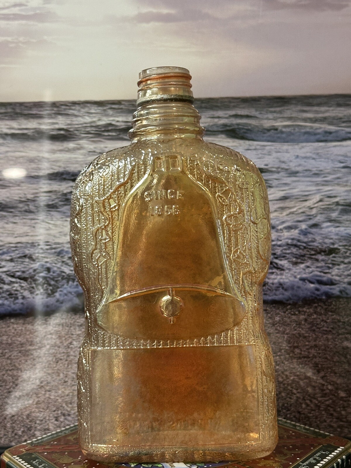 VTG/Antiq 1920’s GOLDEN WEDDING Marigold Carnival Glass Pint Whiskey Bottle 7.5″